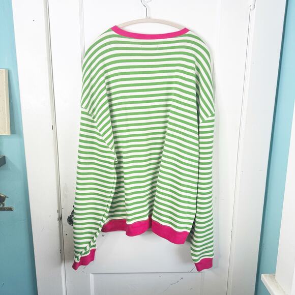 Free People Classic Oversized Striped Crewneck Sweatshirt Pink Clover Combo New - Picture 11 of 13